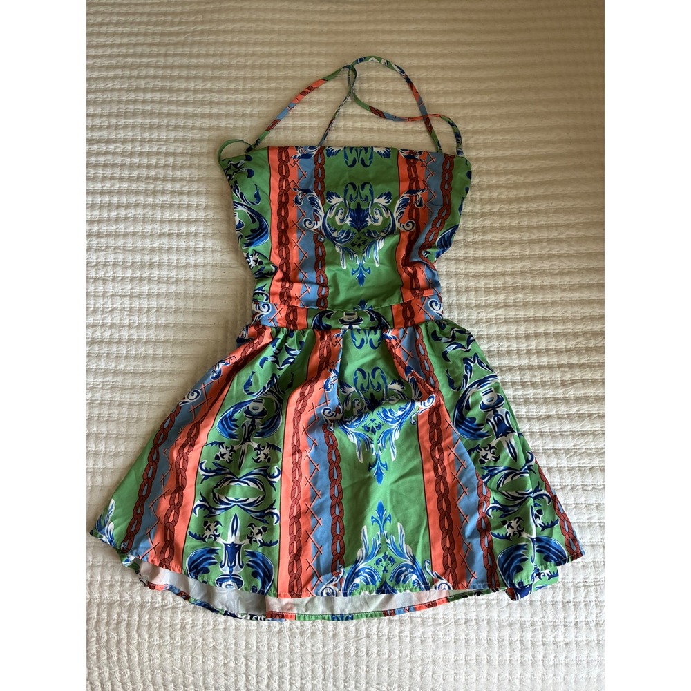 SHEIN Green Baroque Chain Print Halter Mini Dress Small Fit and Flare‎ Summer